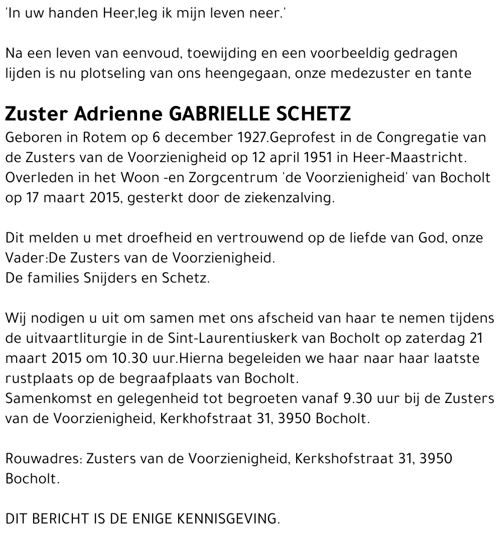 zuster Adrienne Gabrielle SCHETZ