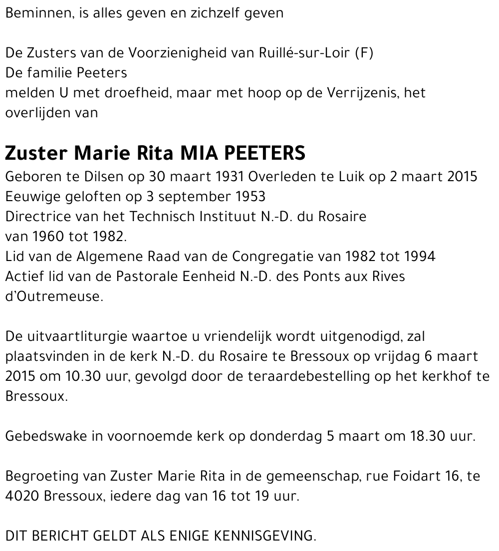 Zuster Marie Rita Mia PEETERS