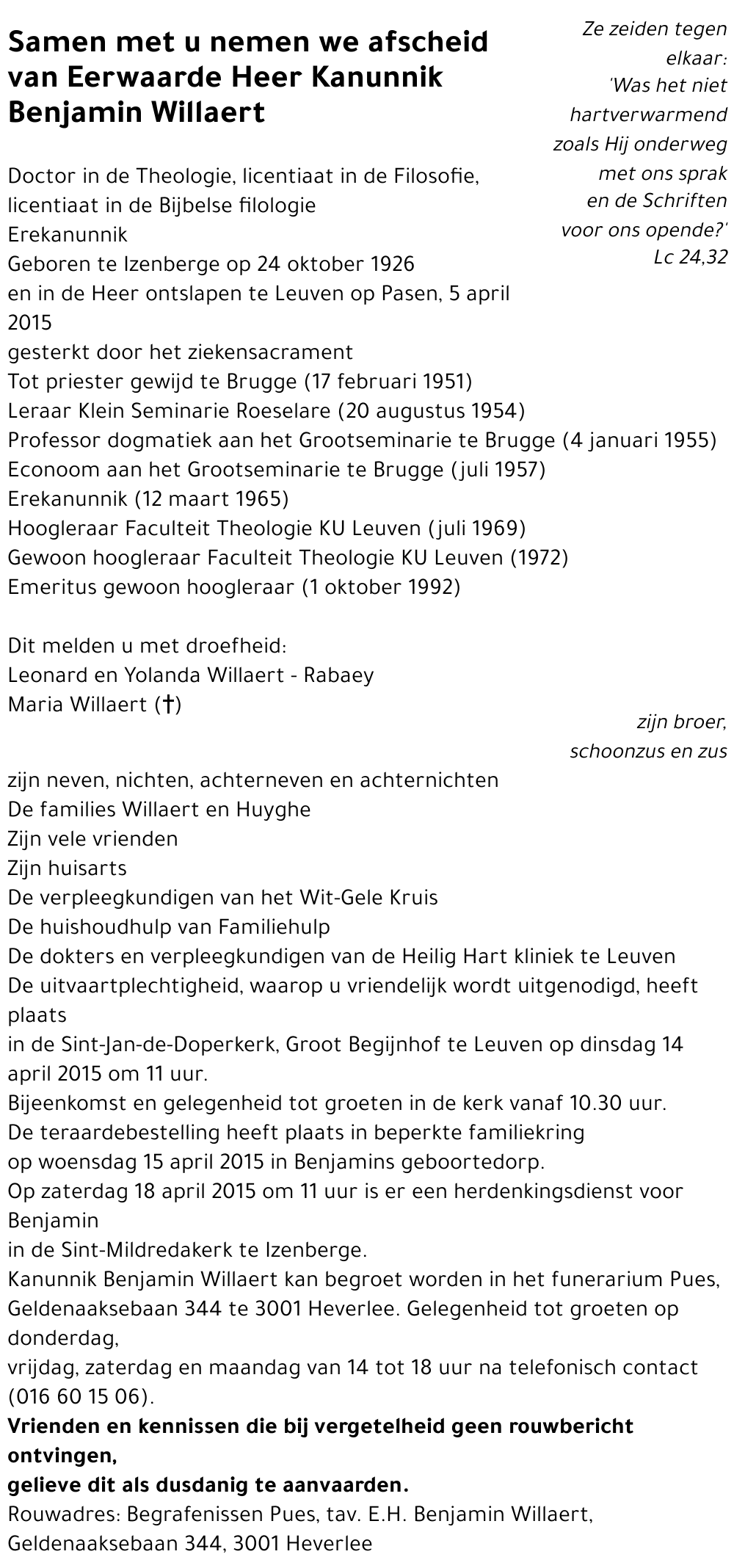 Eerwaarde Heer Kanunnik Benjamin Willaert