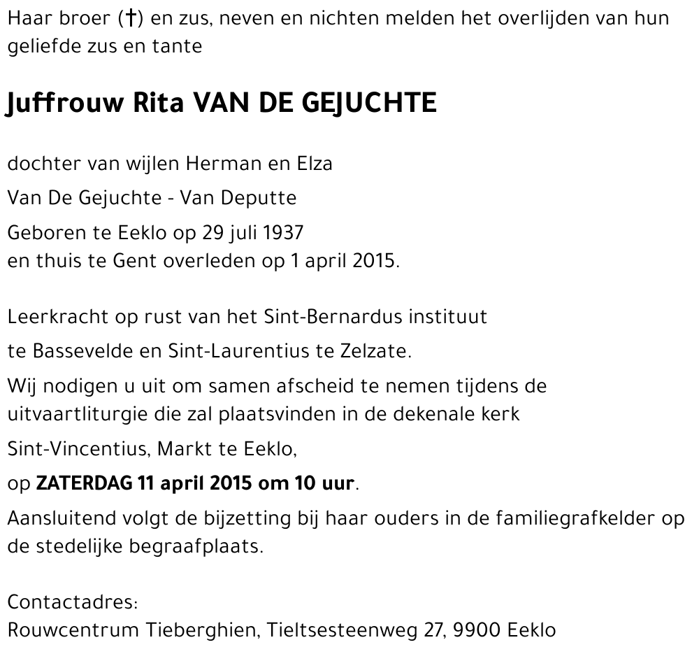 Rita VAN DE GEJUCHTE