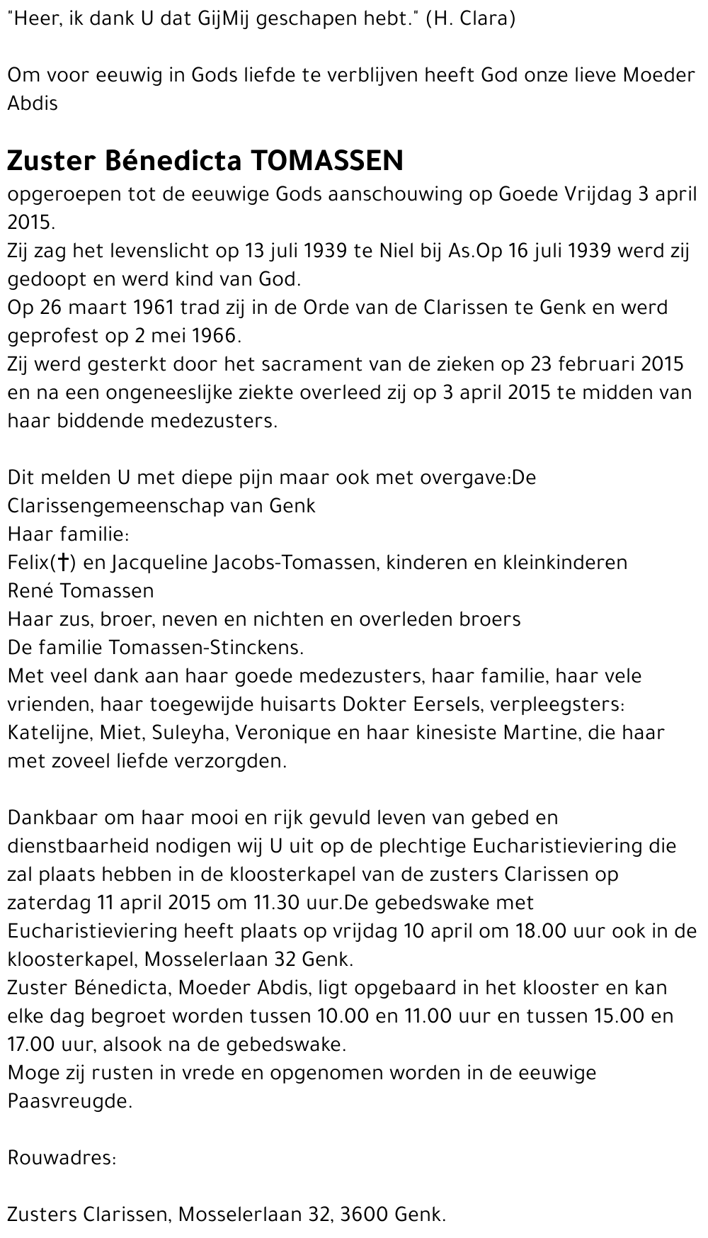 Zuster Bénedicta Tomassen