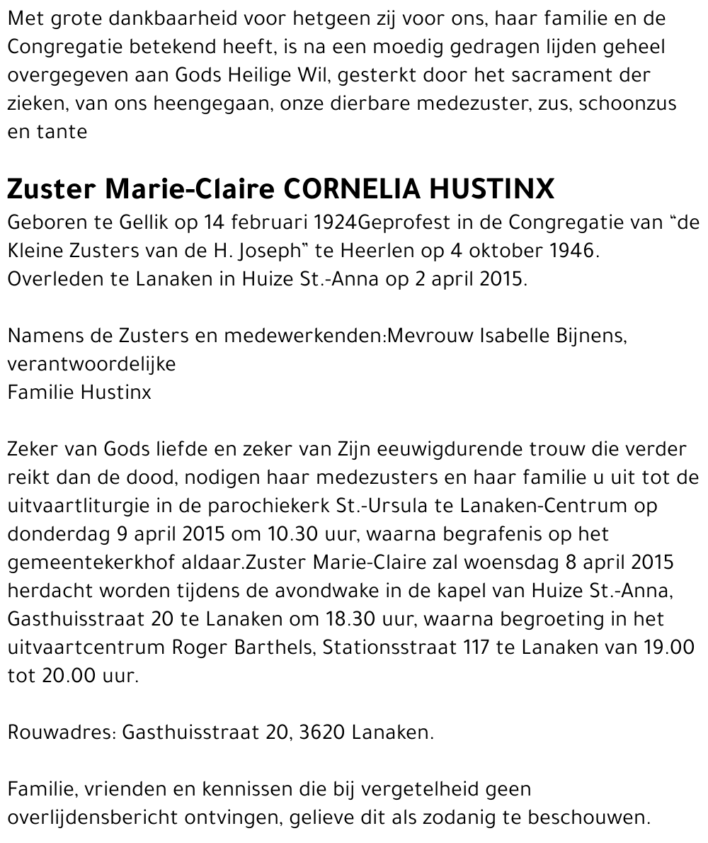 Zuster Marie-Claire Cornelia Hustinx