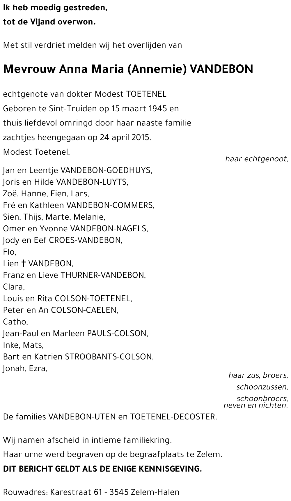 Anna Maria (Annemie) VANDEBON