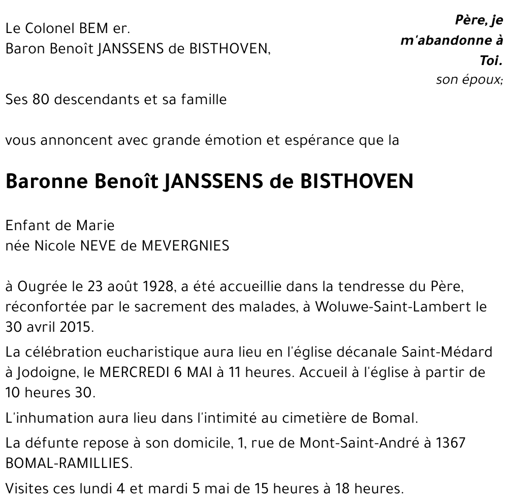 Baronne Benoît JANSSENS de BISTHOVEN