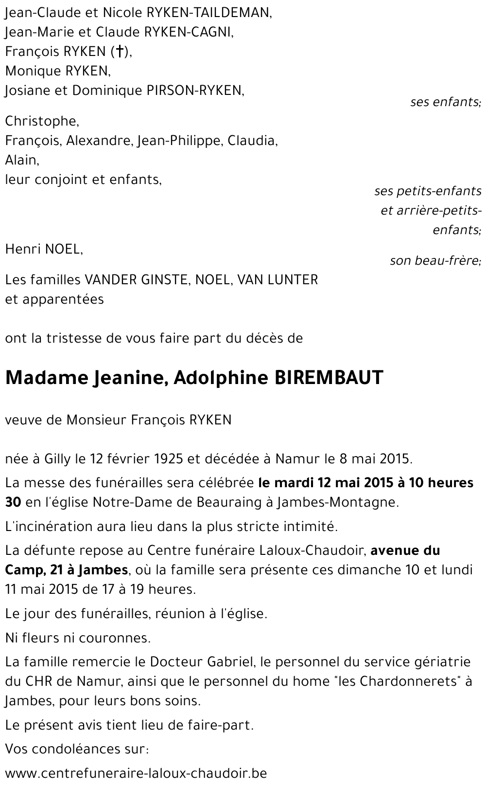 Jeanine, Adolphine BIREMBAUT