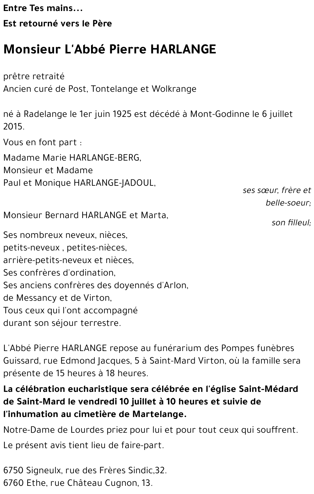 L' abbé Pierre HARLANGE