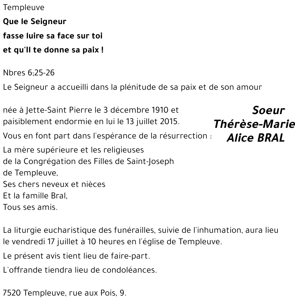 Soeur Thérèse-Marie Alice BRAL