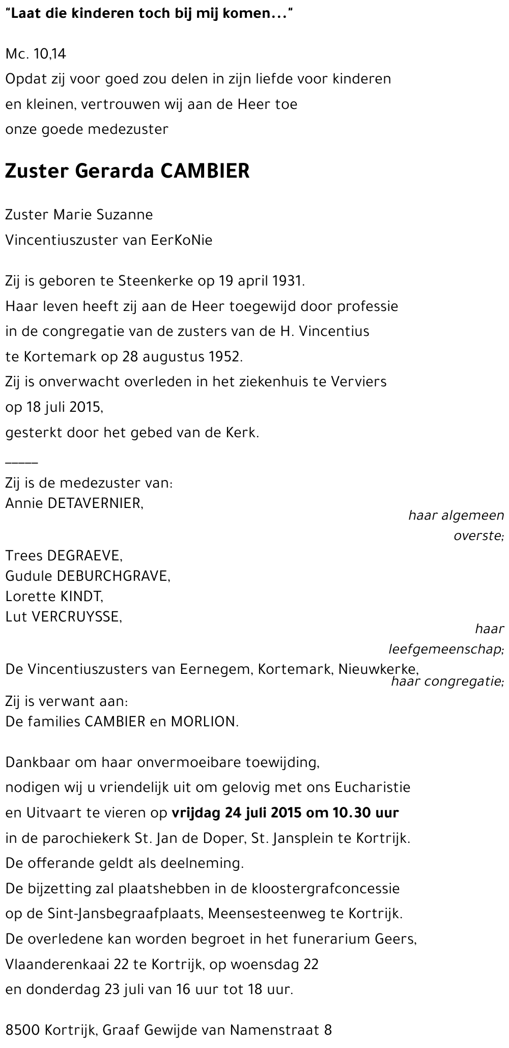 Zuster Gerarda CAMBIER