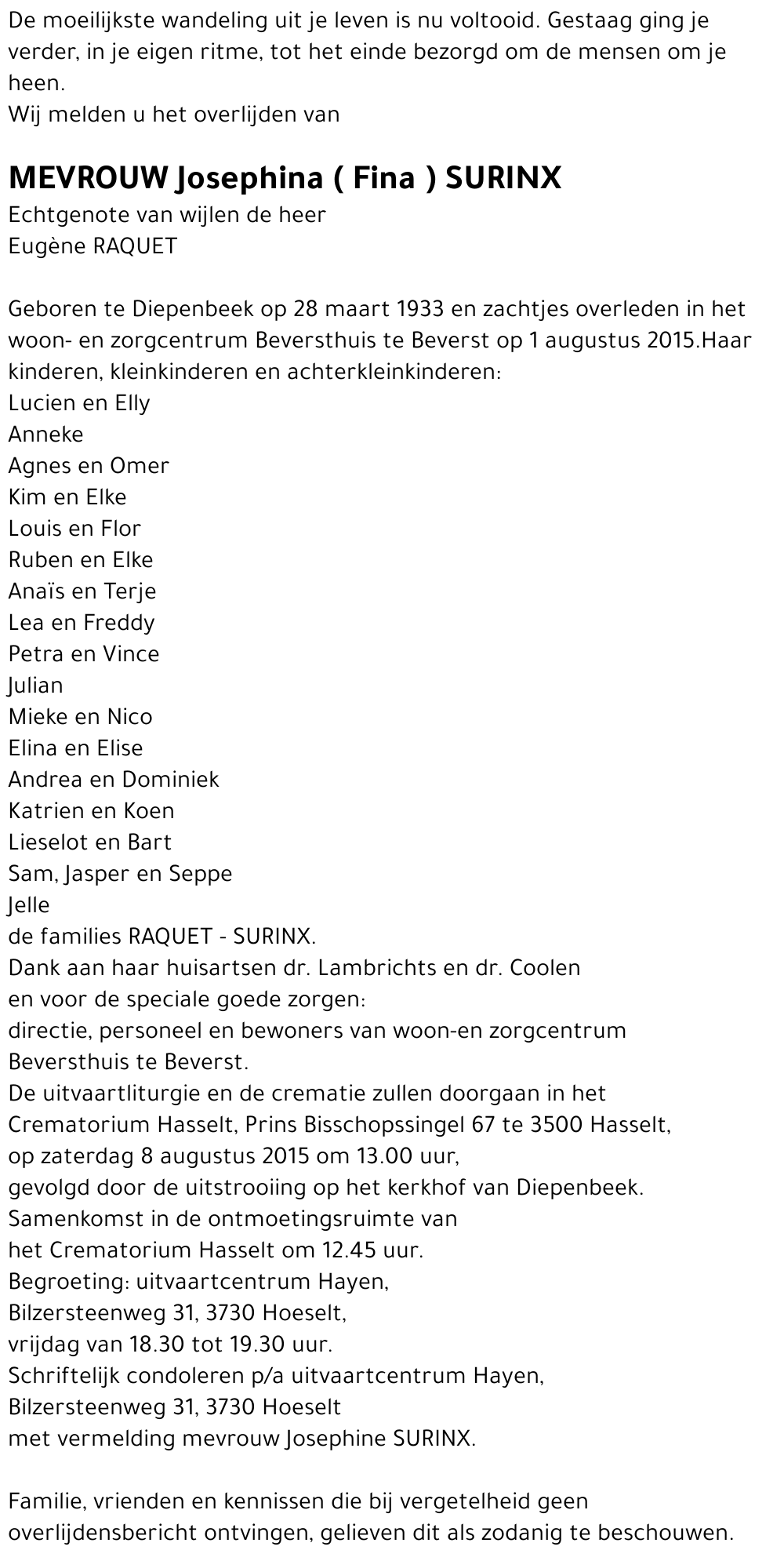 Josephina ( Fina ) SURINX