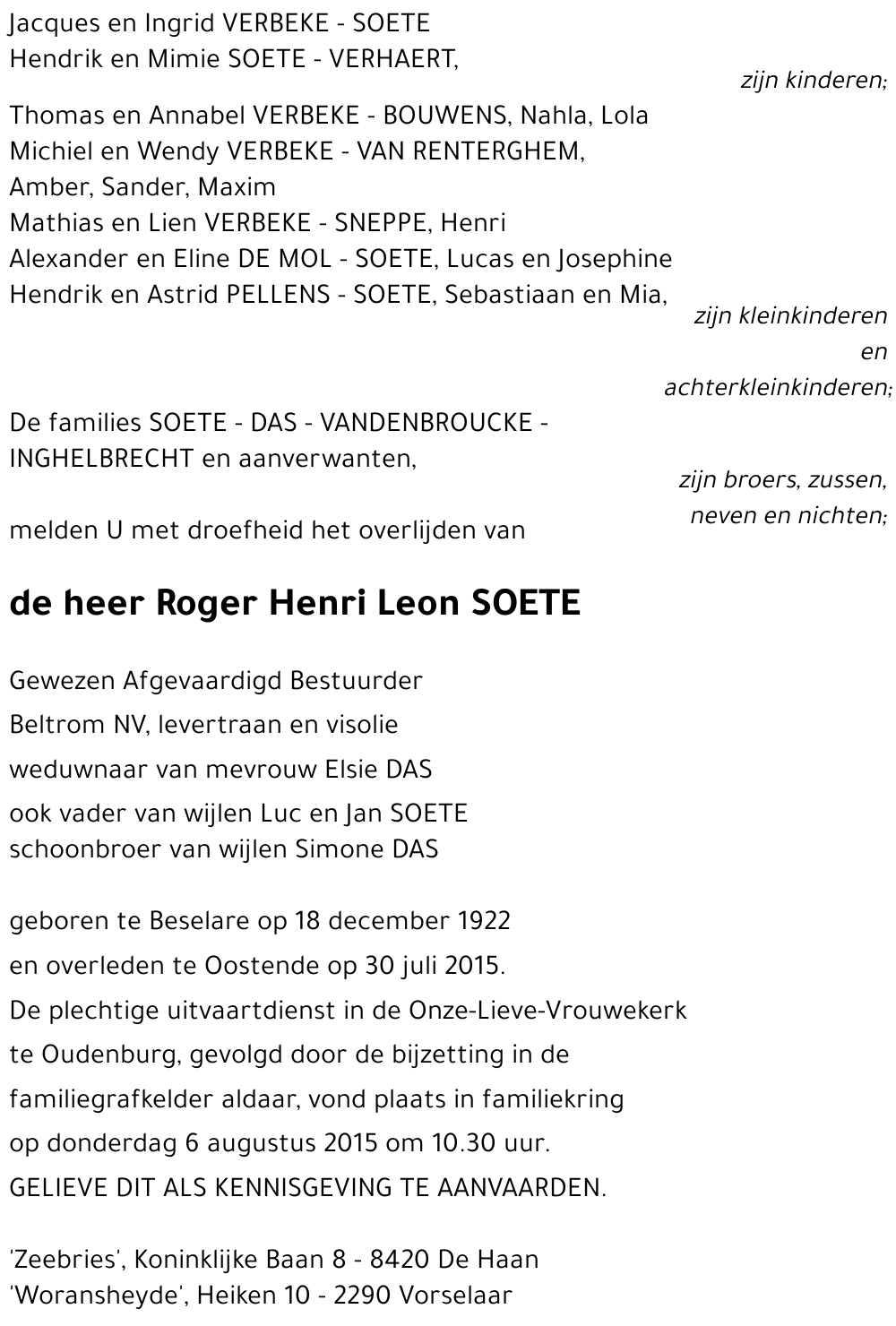 Roger Henri Leon SOETE