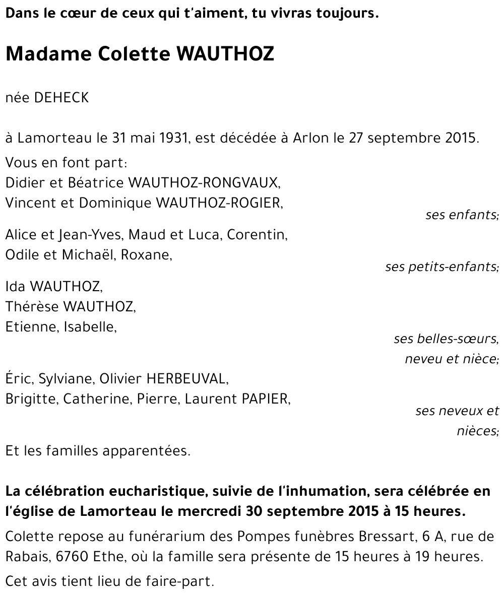 Colette WAUTHOZ née DEHECK 