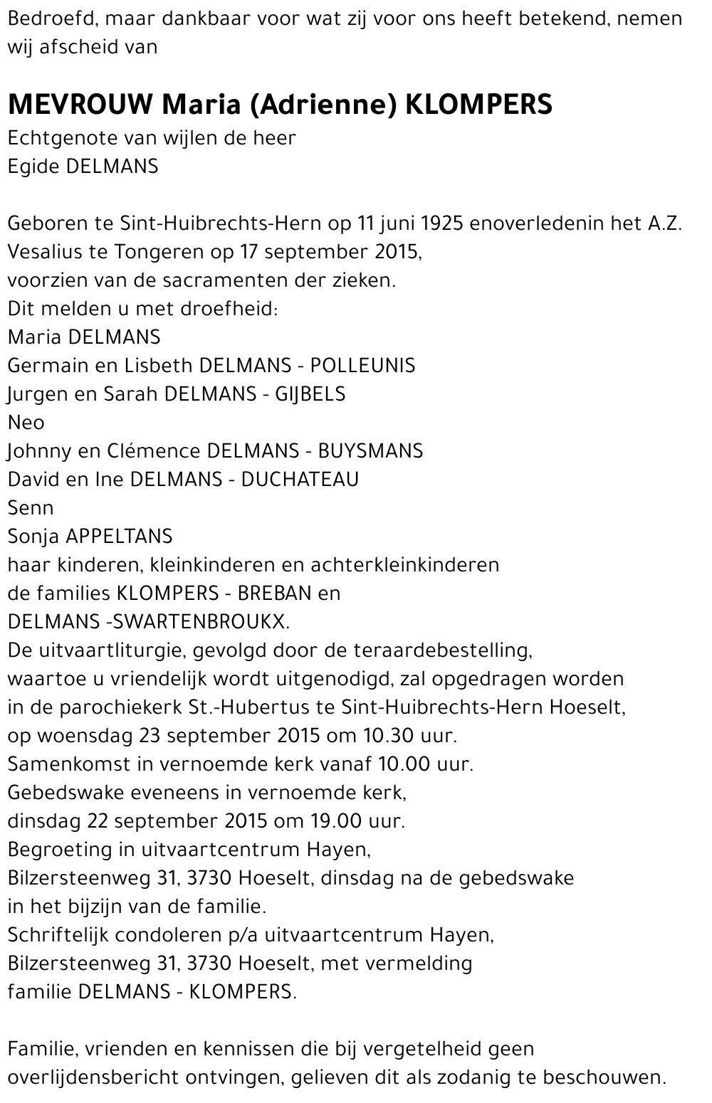 Maria ( Adrienne ) KLOMPERS