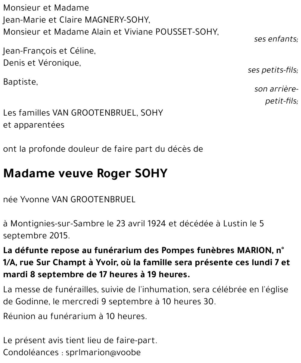 veuve Roger SOHY