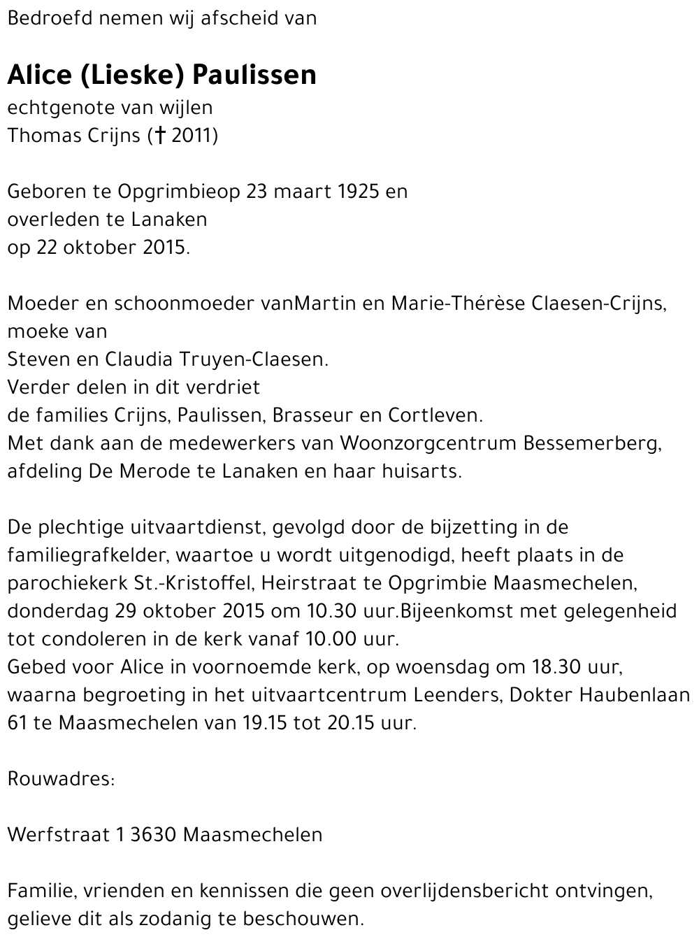 Alice (Lieske) Paulissen