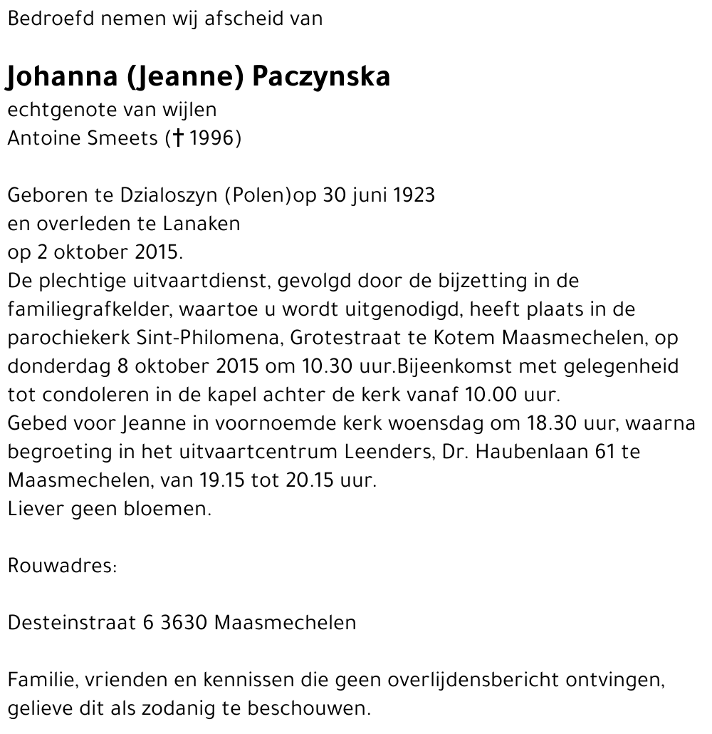 Johanna (Jeanne) Paczynska