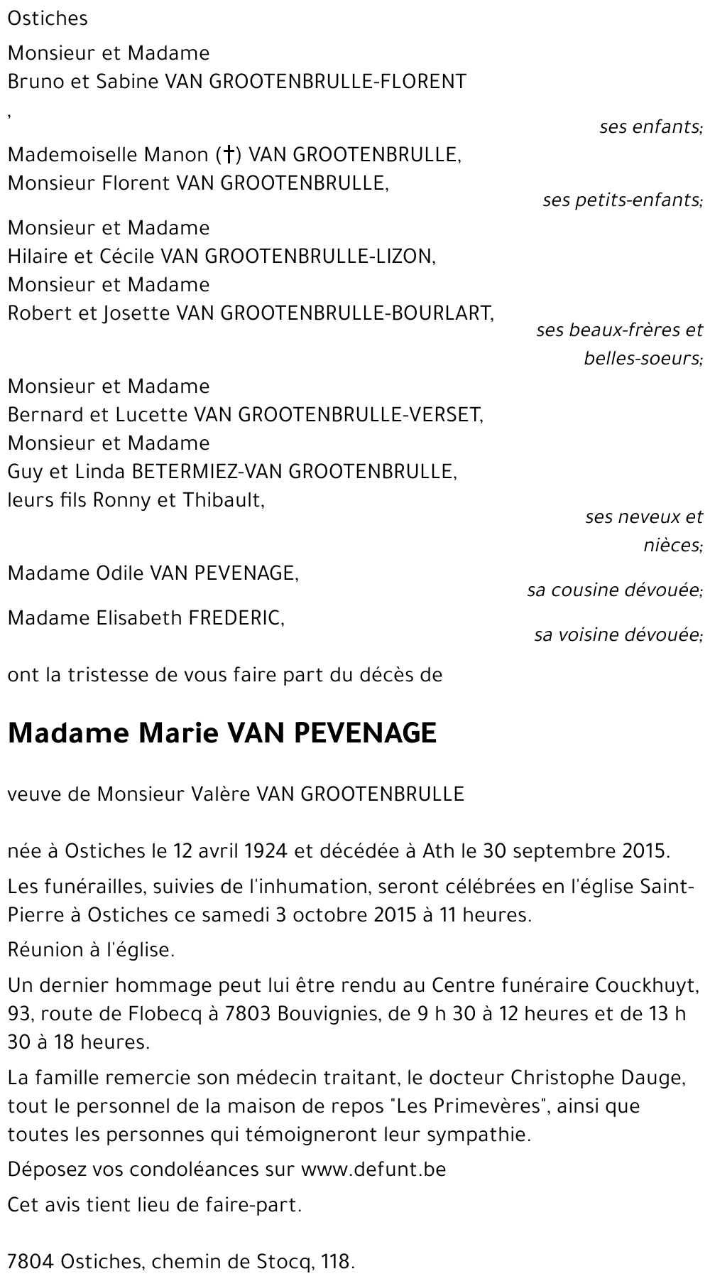 Marie VAN PEVENAGE