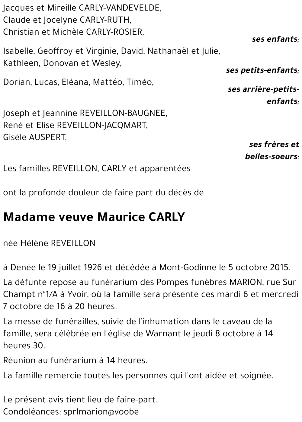 veuve Maurice CARLY