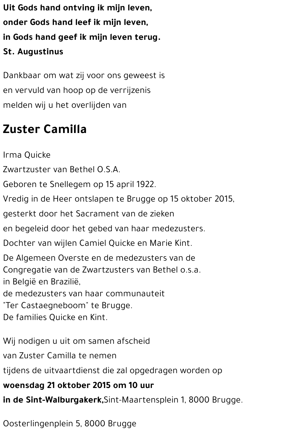 Zuster Camilla Irma Quicke