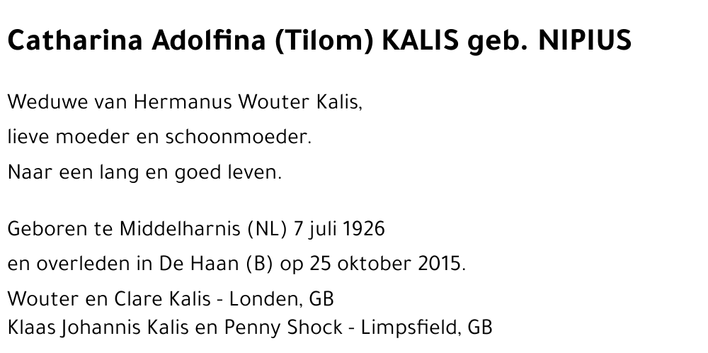 Catharina Adolfina (Tilom) KALIS geb. NIPIUS