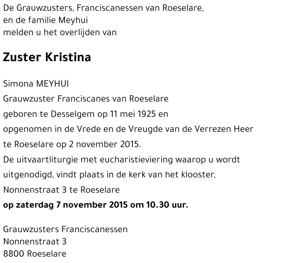 Kristina Grauwzuster Franciscanes van Roeselare
