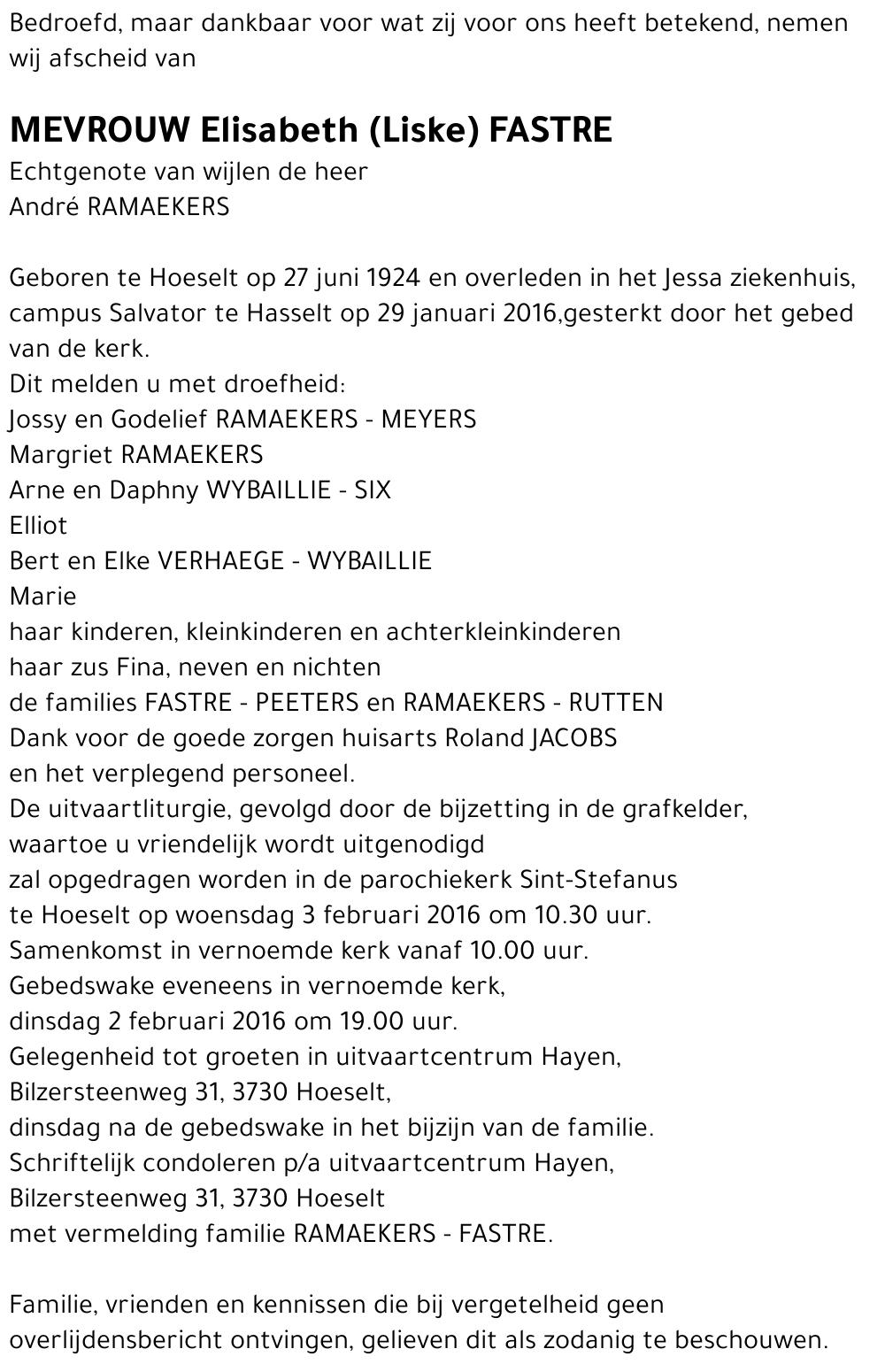 Elisabeth ( Liske ) FASTRE