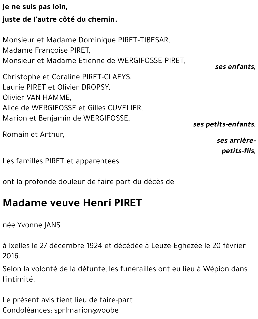 veuve Henri PIRET