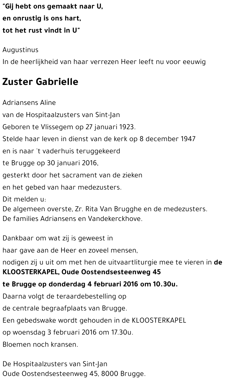 Zuster Gabrielle Adriansens Aline