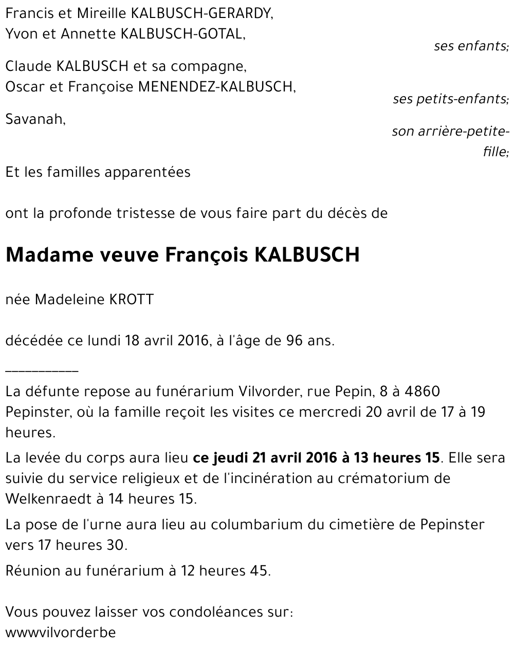 veuve François KALBUSCH