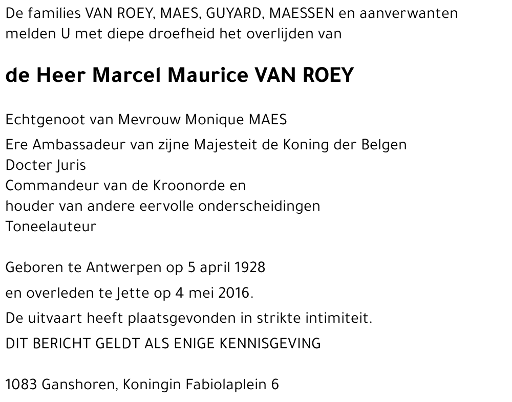 Marcel Maurice VAN ROEY