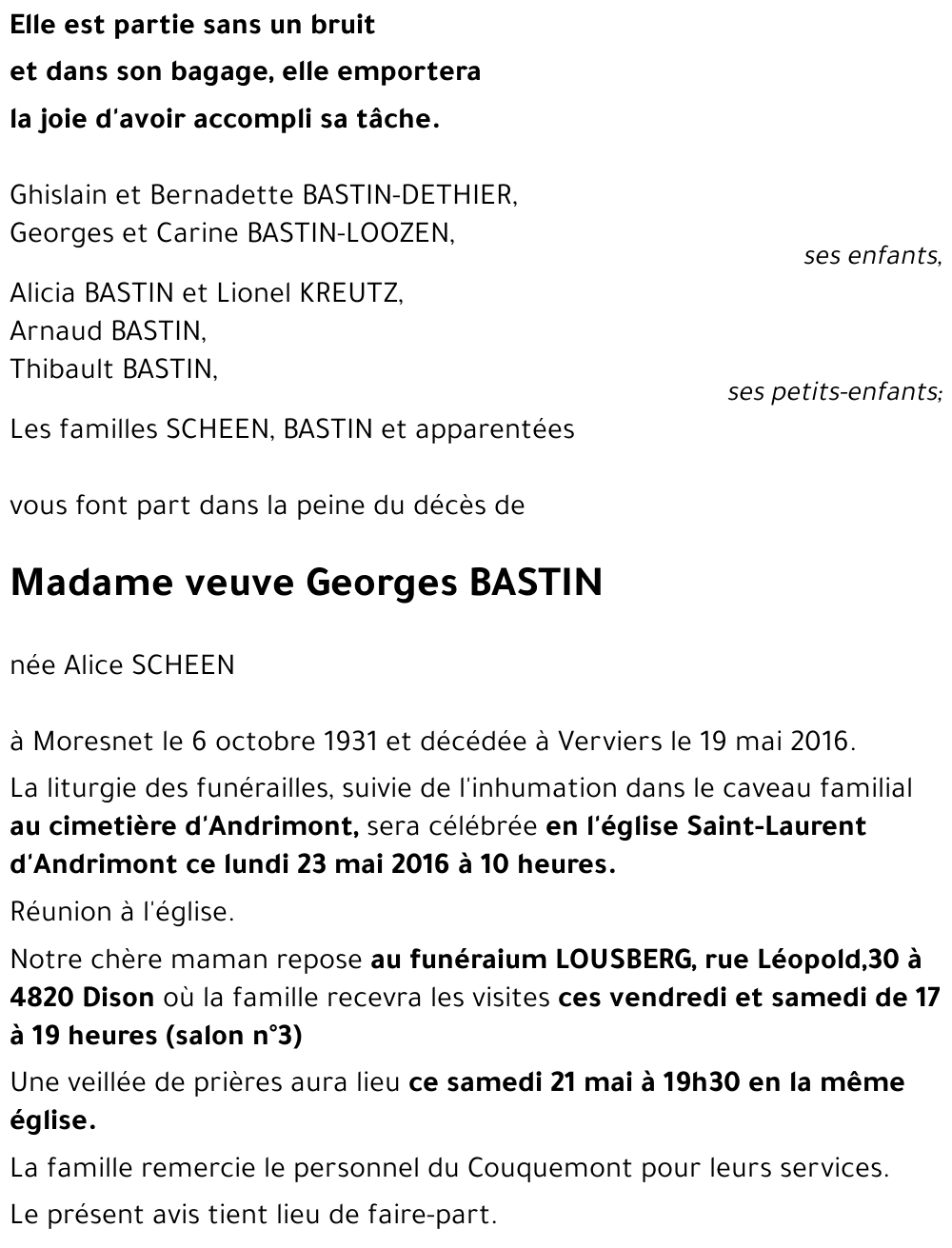 veuve Georges BASTIN