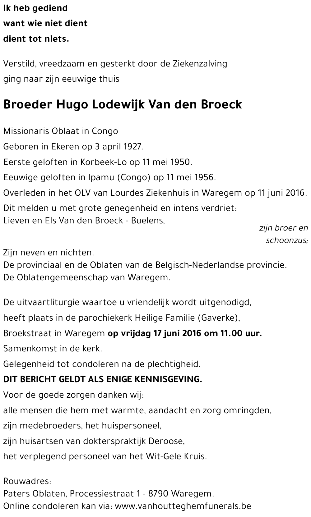Broeder Hugo Lodewijk VAN DEN BROECK