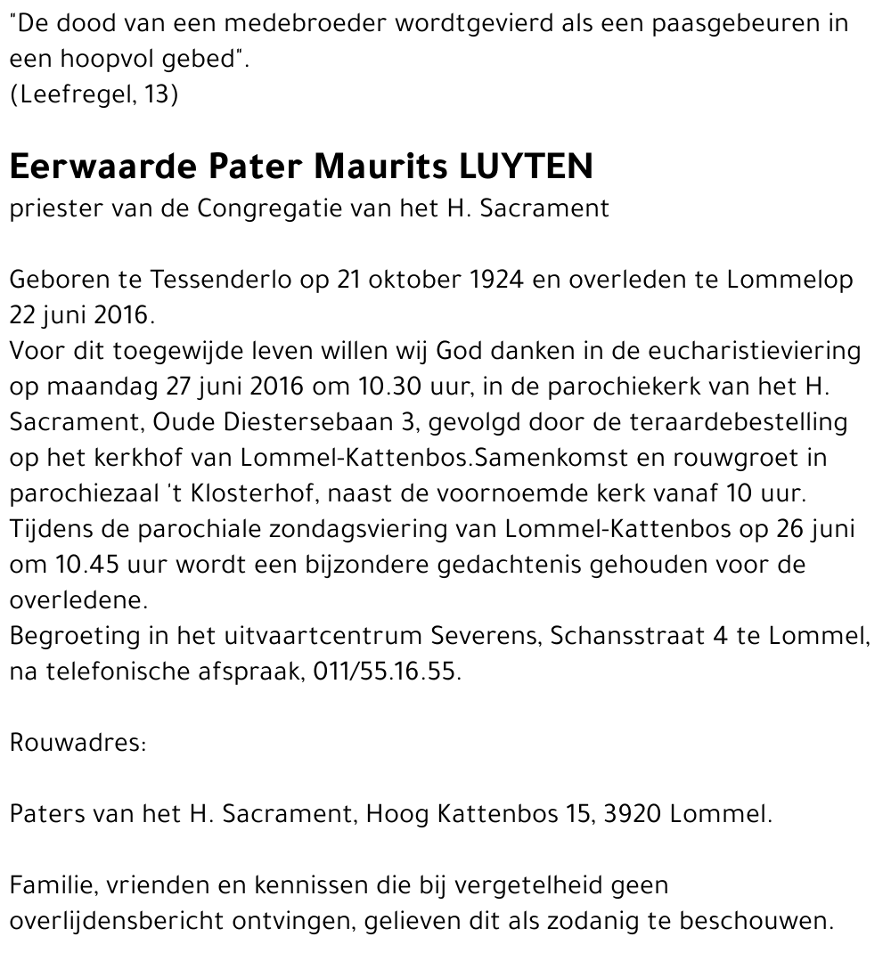 Eerwaarde Pater Maurits Luyten