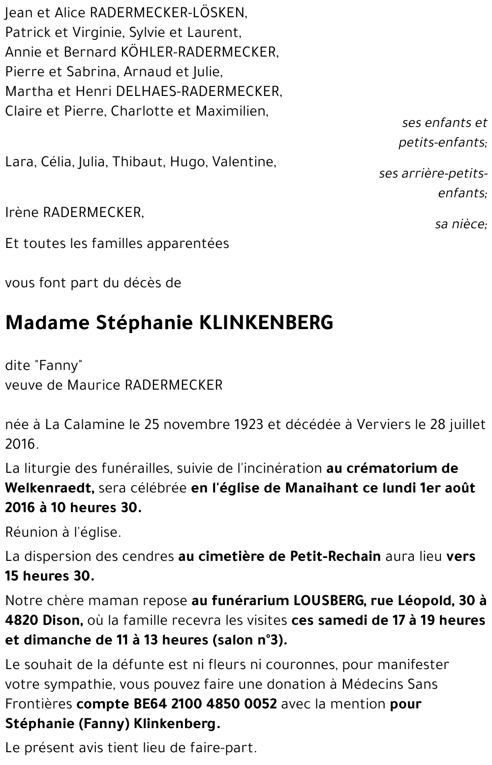 veuve Maurice RADERMECKER