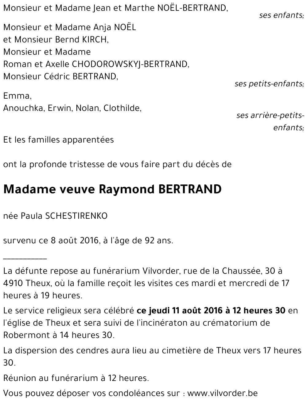veuve Raymond BERTRAND