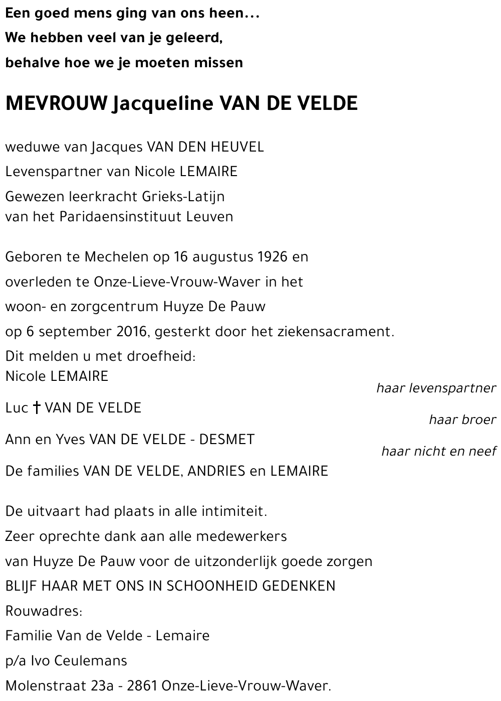 Jacqueline VAN DE VELDE