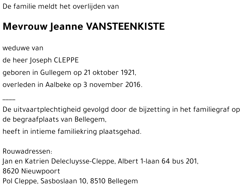 Jeanne VANSTEENKISTE