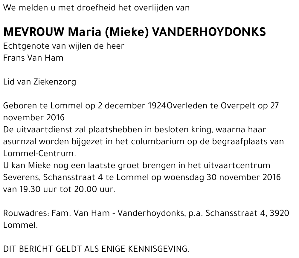 Maria (Mieke) Vanderhoydonks