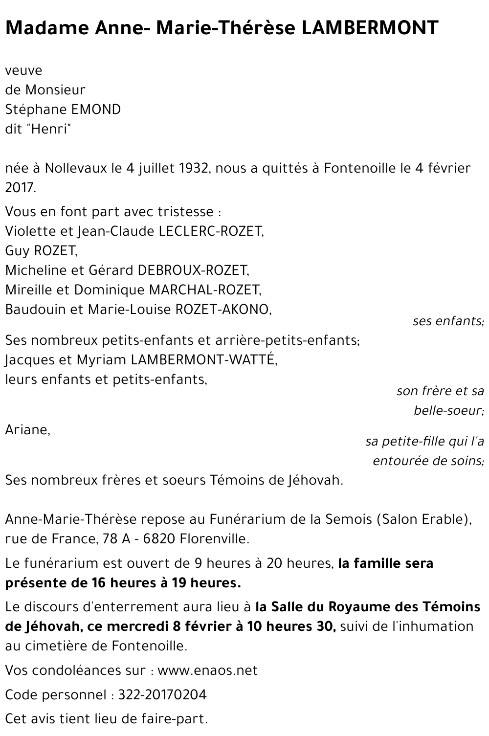 Anne-Marie-Thérèse LAMBERMONT