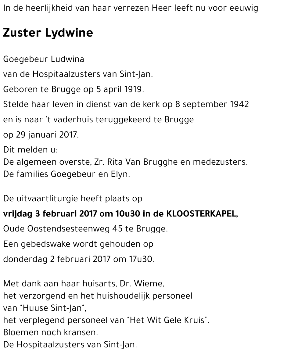 Zuster Lydwine Goedgebeur Ludwina