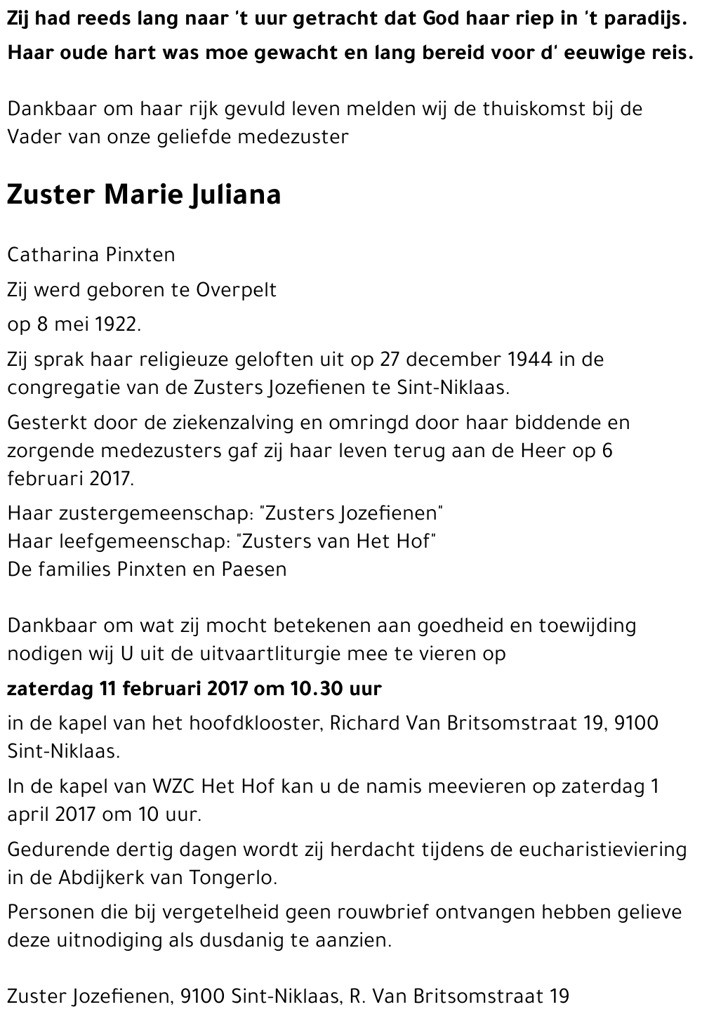 Zuster Marie Juliana CATHARINA PINXTEN