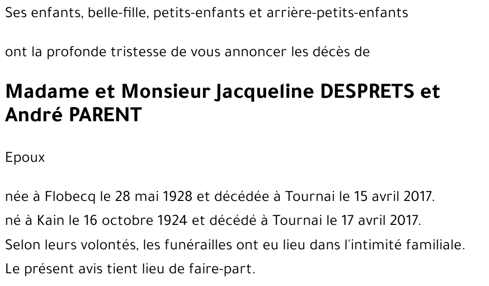 André PARENT Jacqueline DESPRETS