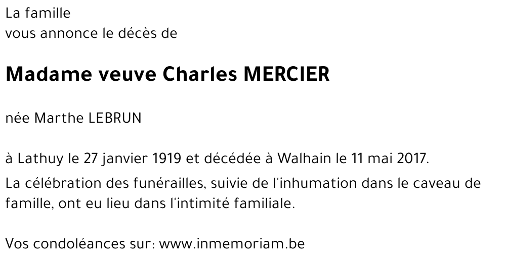 Veuve Charles MERCIER Née Marthe LEBRUN