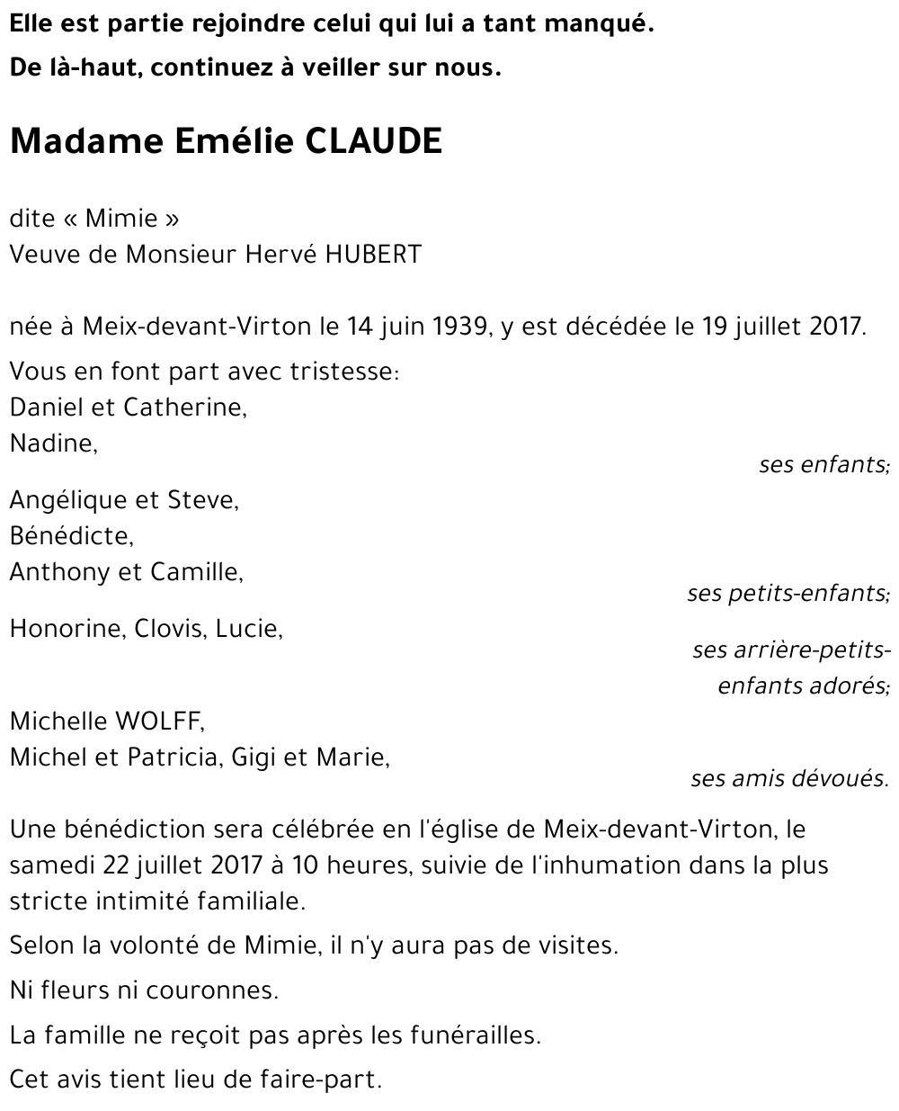 Emélie CLAUDE dite 	« Mimie » 