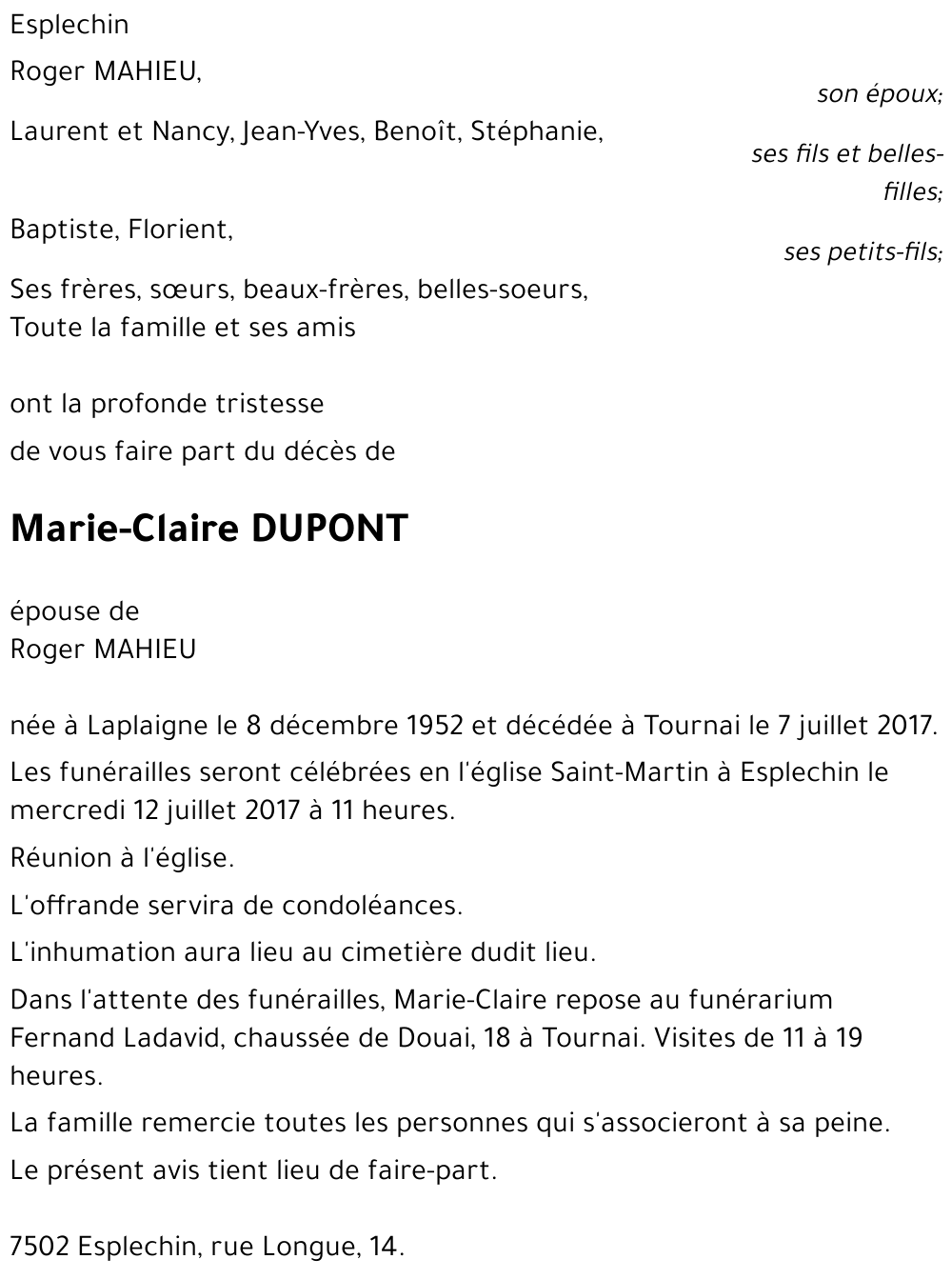 Marie-Claire DUPONT
