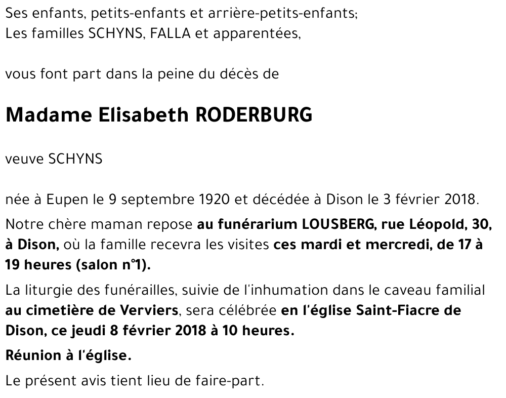 Elisabeth RODERBURG veuve SCHYNS