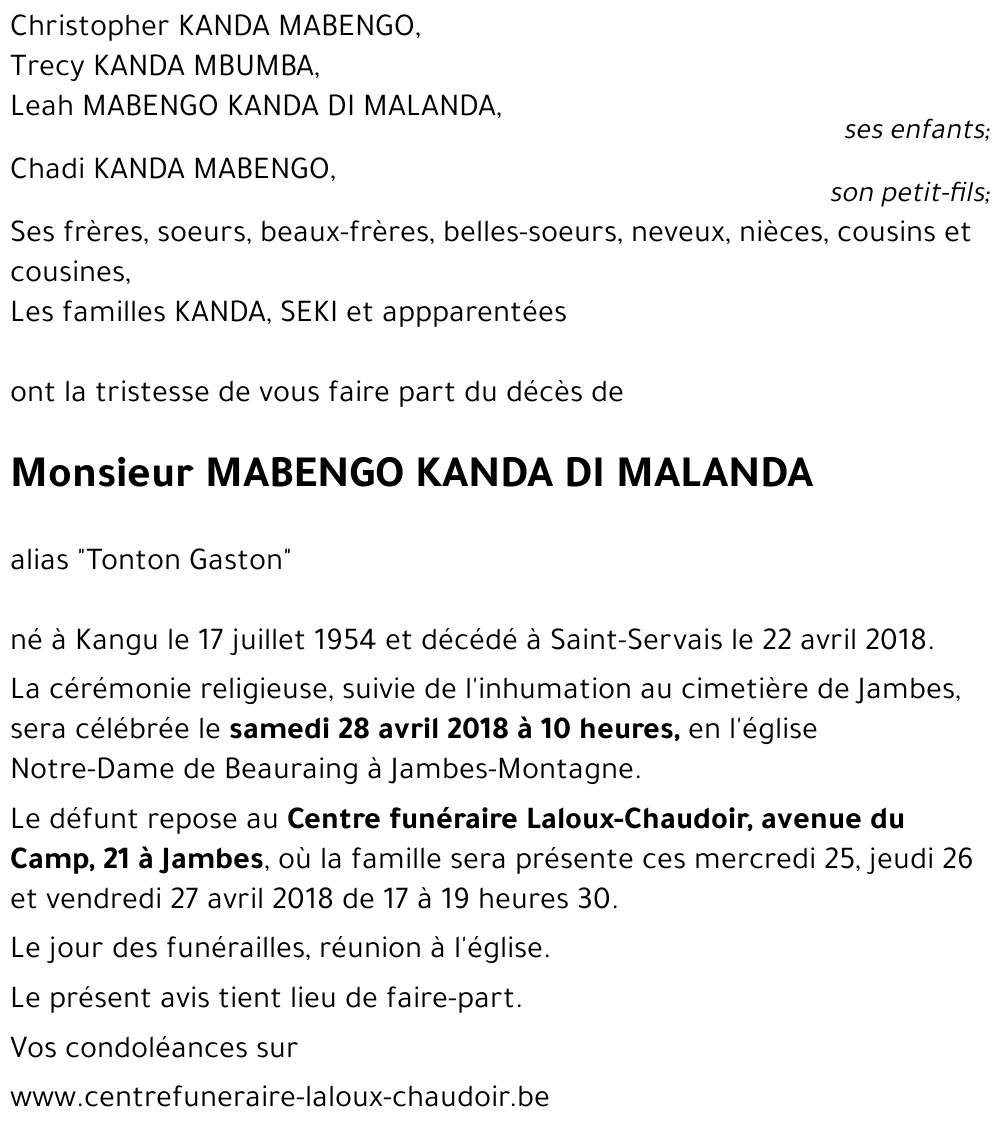 Gaston MABENGO  KANDA DI MALANDA