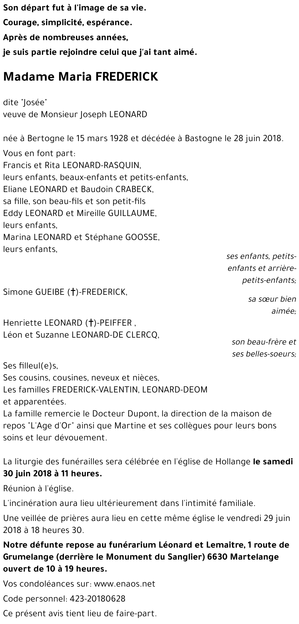 Maria (dite Josée) FREDERICK