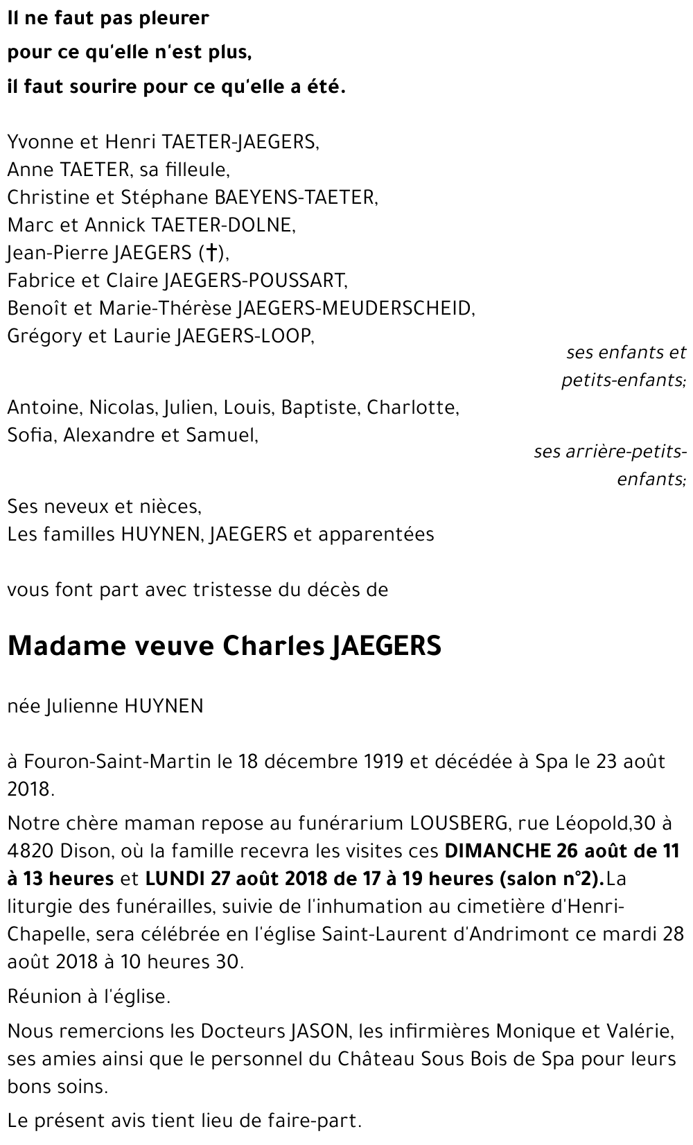 veuve Charles JAEGERS