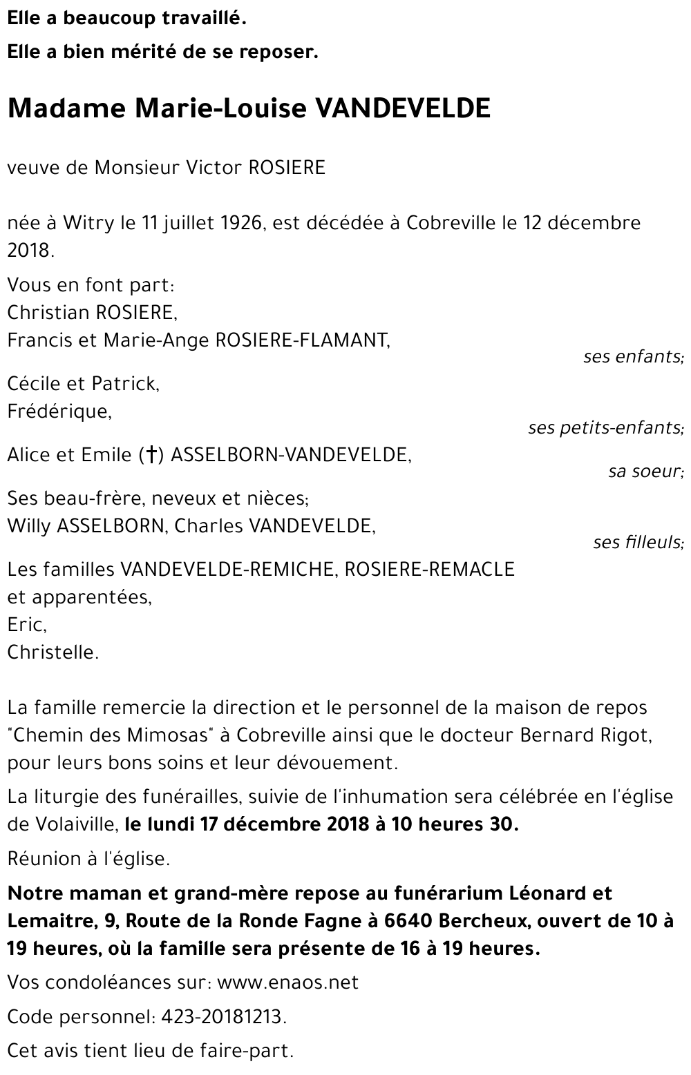 Marie-Louise VANDEVELDE