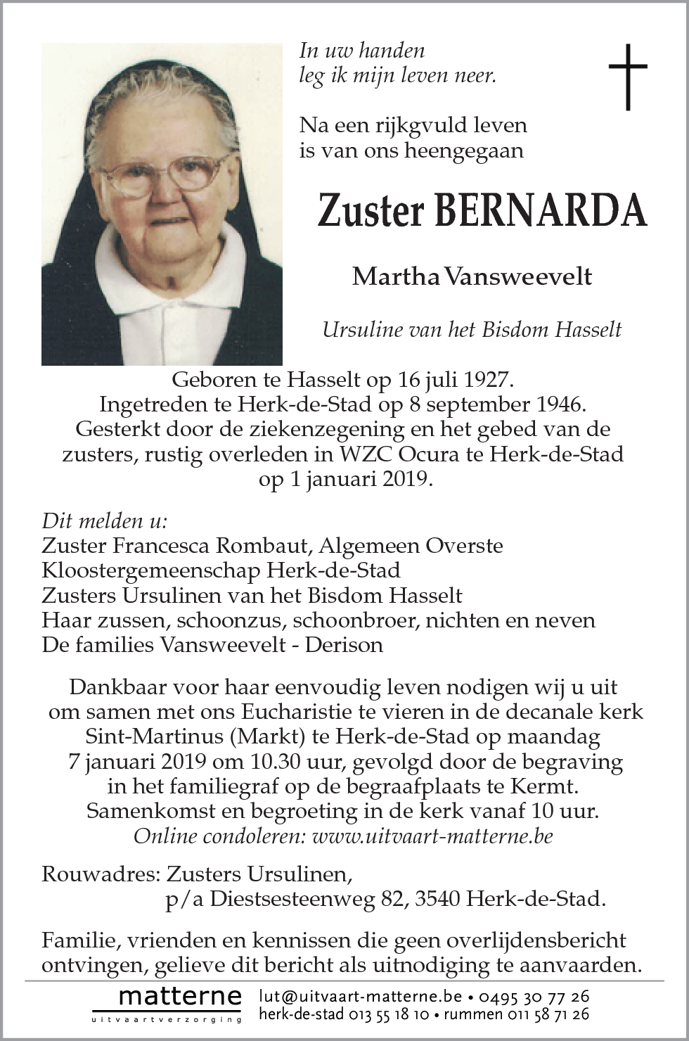 Zuster Bernarda Martha Vansweevelt